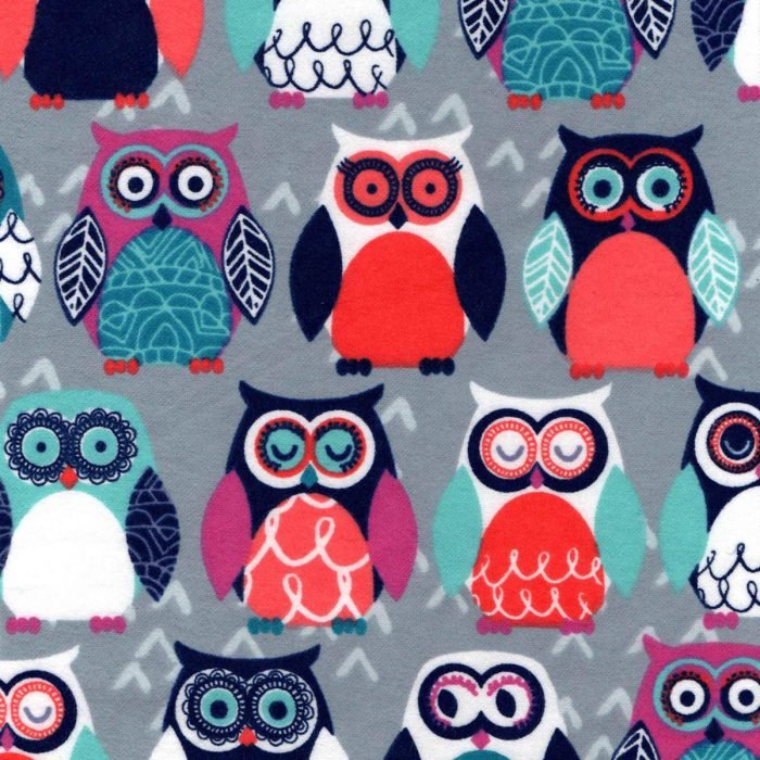 Snuggle Flannel Fabric-Colorful Owls On Gray